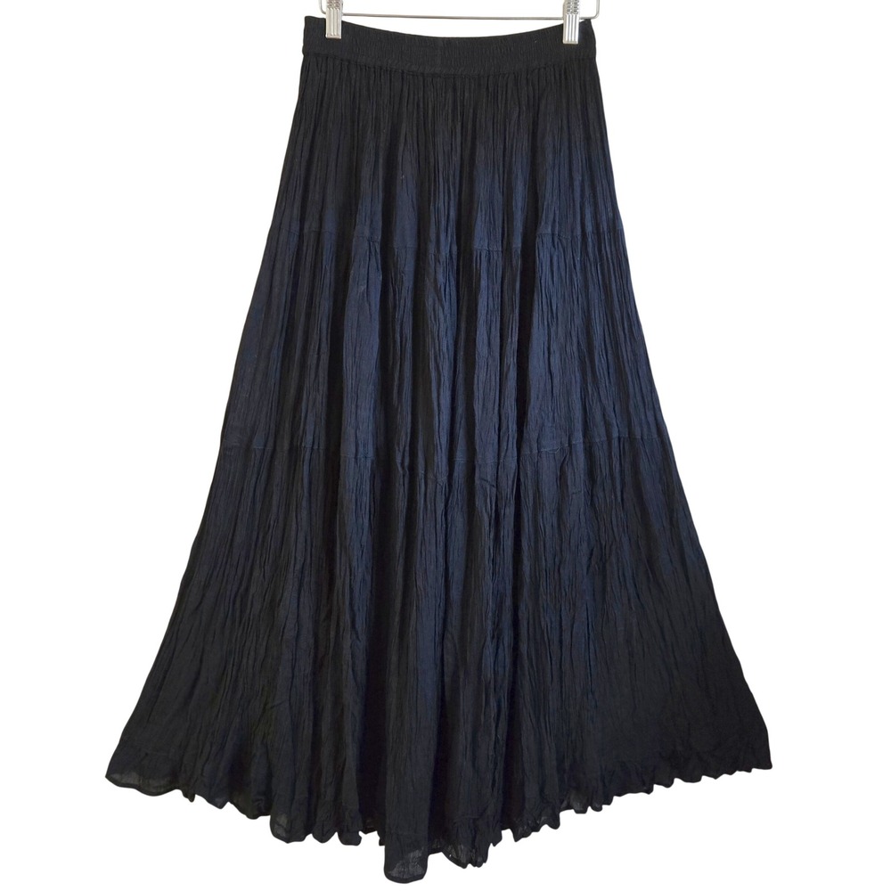 Neo Nostalgia Black Boho Fairy Crinkle Rayon Tiered Maxi Skirt Whimsygoth Sz M